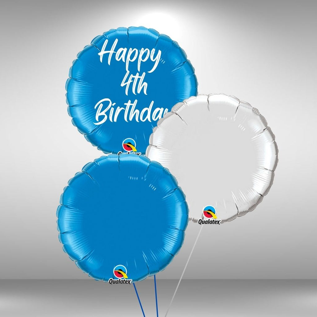 Happy 4th Birthday round foil balloon cluster