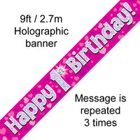 9ft Banner Happy 1st Birthday Pink Holographic