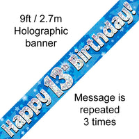 9ft Banner Happy 13th Birthday Blue Holographic