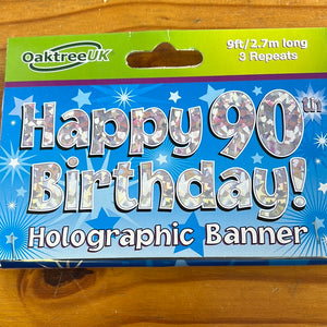 9ft Banner Happy 90th Birthday Blue Holographic