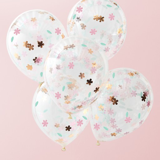 5 Rose Gold and Pink Floral Confetti Filled Balloons