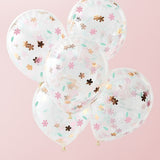 5 Rose Gold and Pink Floral Confetti Filled Balloons
