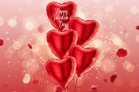 Red heart-shaped balloons with 'Happy Valentine's Day' on