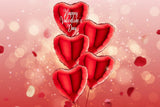Red heart-shaped balloons with 'Happy Valentine's Day' on