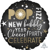 Happy New Year Pop, Fizz Bubbly Black Foil Balloon