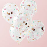 5 Rose Gold and Pink Floral Confetti Filled Balloons
