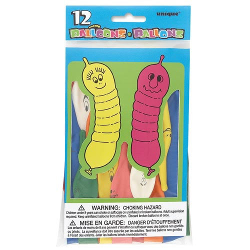 12 Pack Wiggly Worm Latex Balloons (Supplied Uninflated)