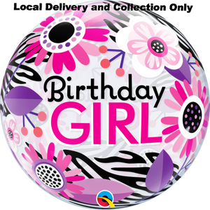 Birthday Girl Floral Zebra Stripes Bubble Balloon