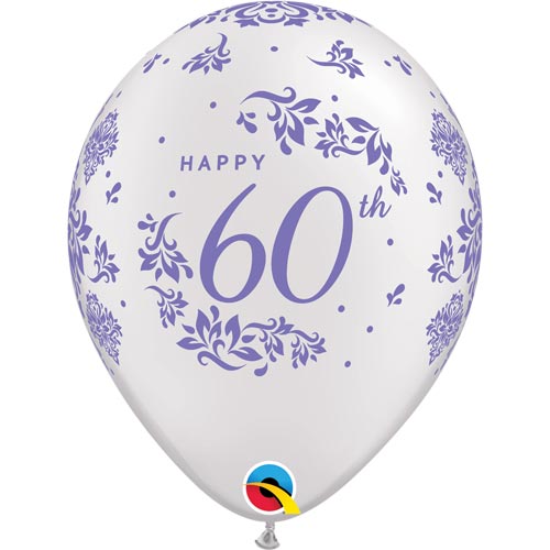 11" Pearl White 60th Anniversary Damask Latex Balloons (Pack 6)