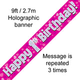 9ft Banner Happy 1st Birthday Pink Holographic