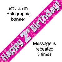 9ft Banner Happy 2nd Birthday Pink Holographic