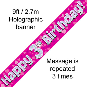 9ft Banner Happy 3rd Birthday Pink Holographic