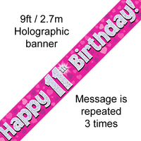 9ft Banner Happy 11th Birthday Pink Holographic