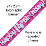 9ft Banner Happy 14th Birthday Pink Holographic