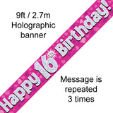 9ft Banner Happy 16th Birthday Pink Holographic