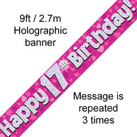 9ft Banner Happy 17th Birthday Pink Holographic