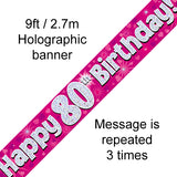 9ft Banner Happy 80th Birthday Pink Holographic