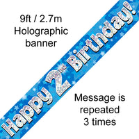 9ft Banner Happy 2nd Birthday Blue Holographic