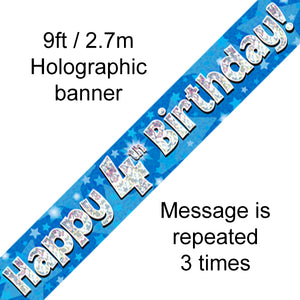 9ft Banner Happy 4th Birthday Blue Holographic