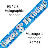 9ft Banner Happy 8th Birthday Blue Holographic