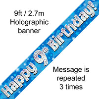 9ft Banner Happy 9th Birthday Blue Holographic