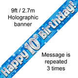 9ft Banner Happy 10th Birthday Blue Holographic