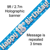 9ft Banner Happy 18th Birthday Blue Holographic