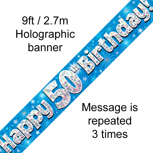 9ft Banner Happy 50th Birthday Blue Holograhic