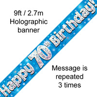 9ft Banner Happy 70th Birthday Blue Holographic