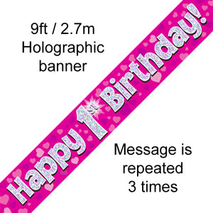 9ft Banner Happy 1st Birthday Pink Holographic