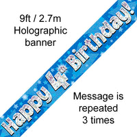 9ft Banner Happy 4th Birthday Blue Holographic