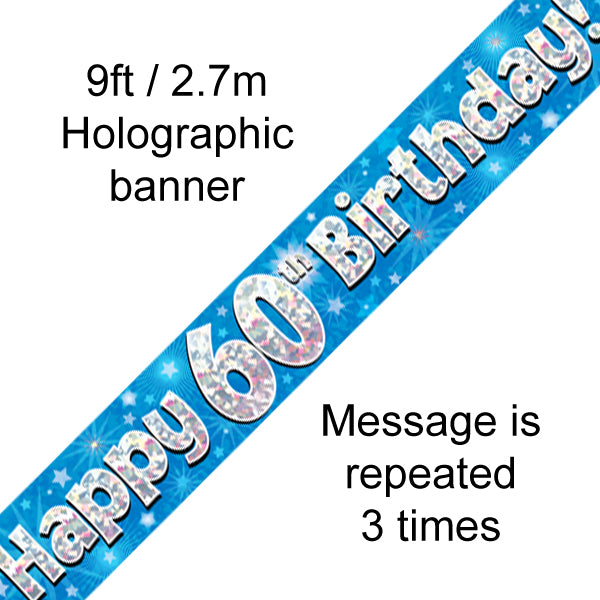 9ft Banner Happy 60th Birthday Blue Holographic