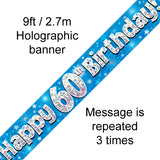 9ft Banner Happy 60th Birthday Blue Holographic