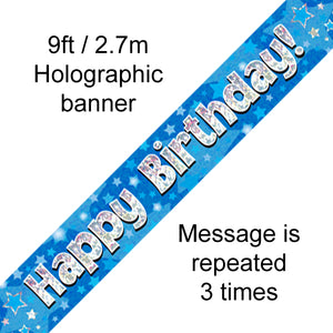 9ft Banner Happy Birthday Blue Holographic