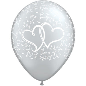 11" Silver Entwined Hearts Latex Balloons (Pack 6 Uninflated)