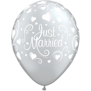 11" Silver Just Married Hearts Latex Balloons (Pack 6)