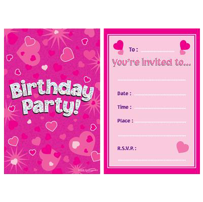 Pink Birthday Party Invitations - Pack 8
